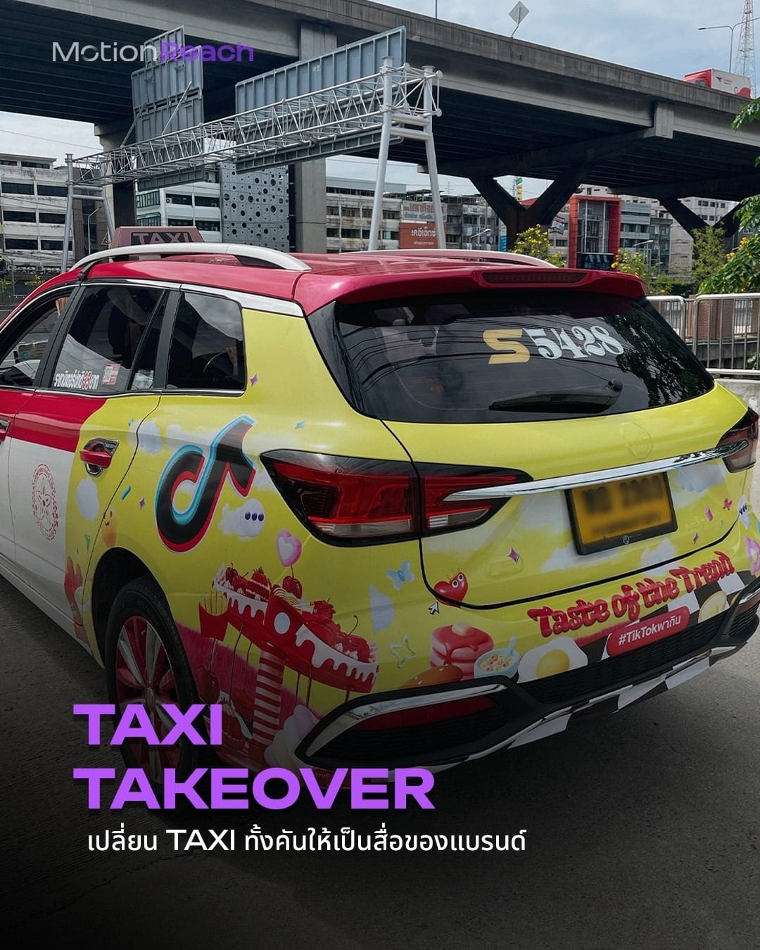 Taxi fully wrapped in TikTok Food Fest artwork on a Bangkok road, working as a mobile billboard